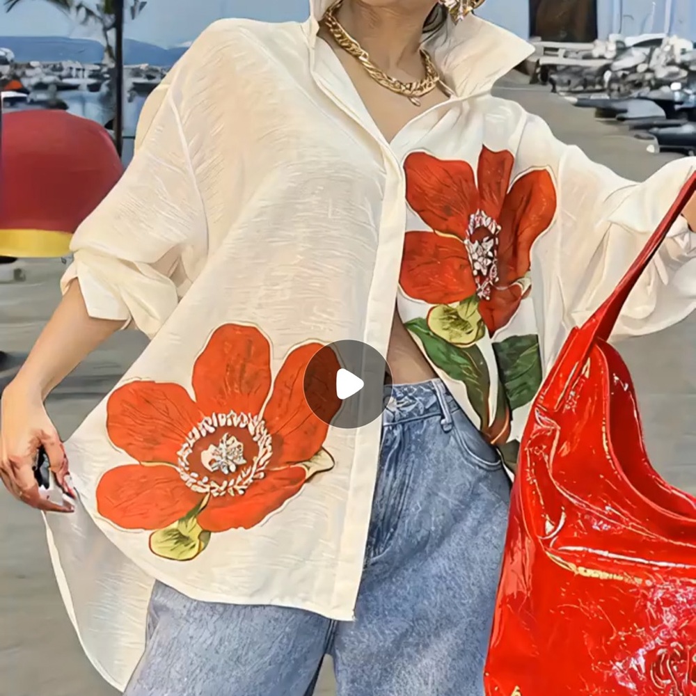 Elegant Floral Button-Down Shirt - White and Red